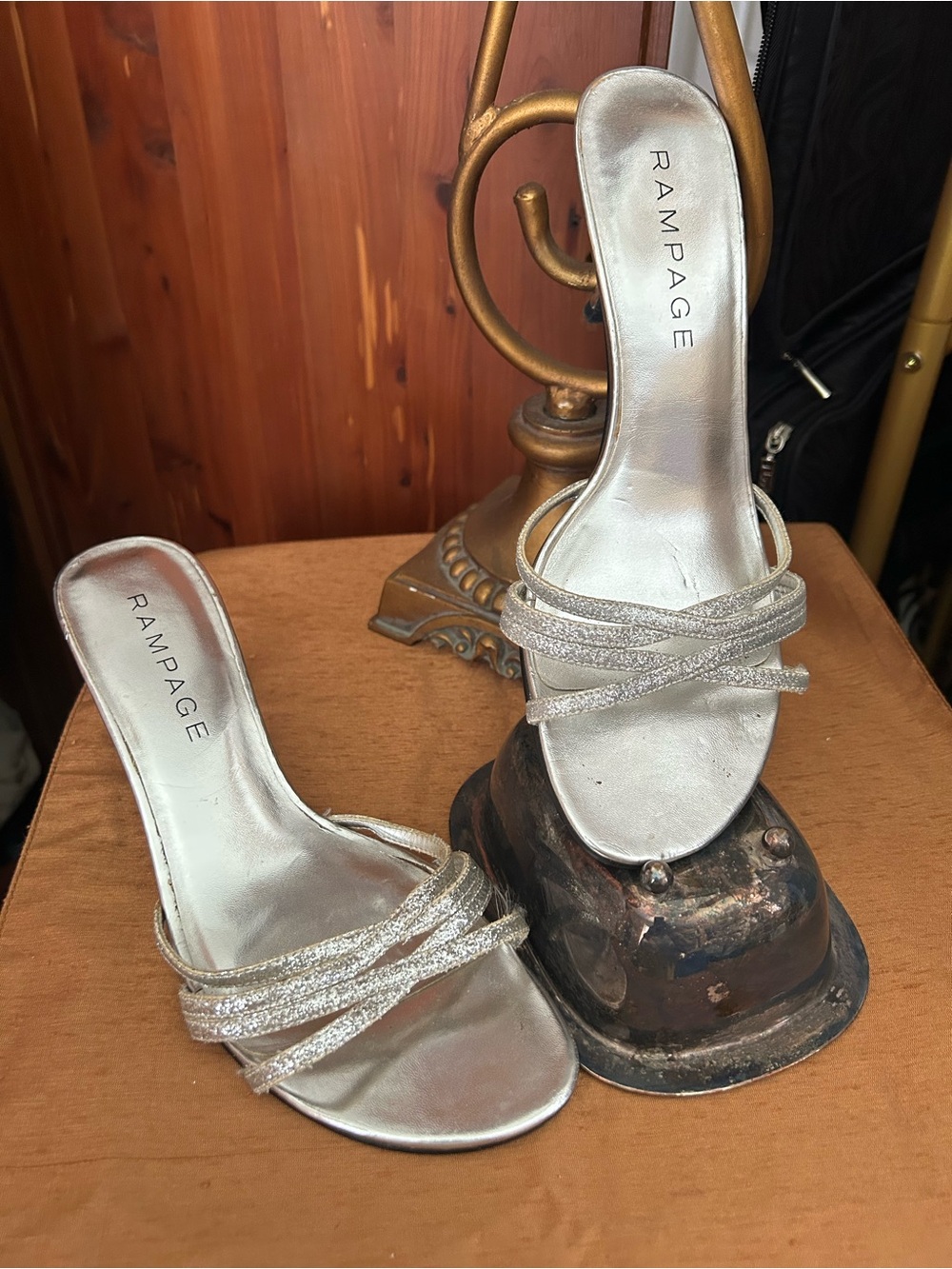 Rampage Silver Glitter Strappy Slide Mules